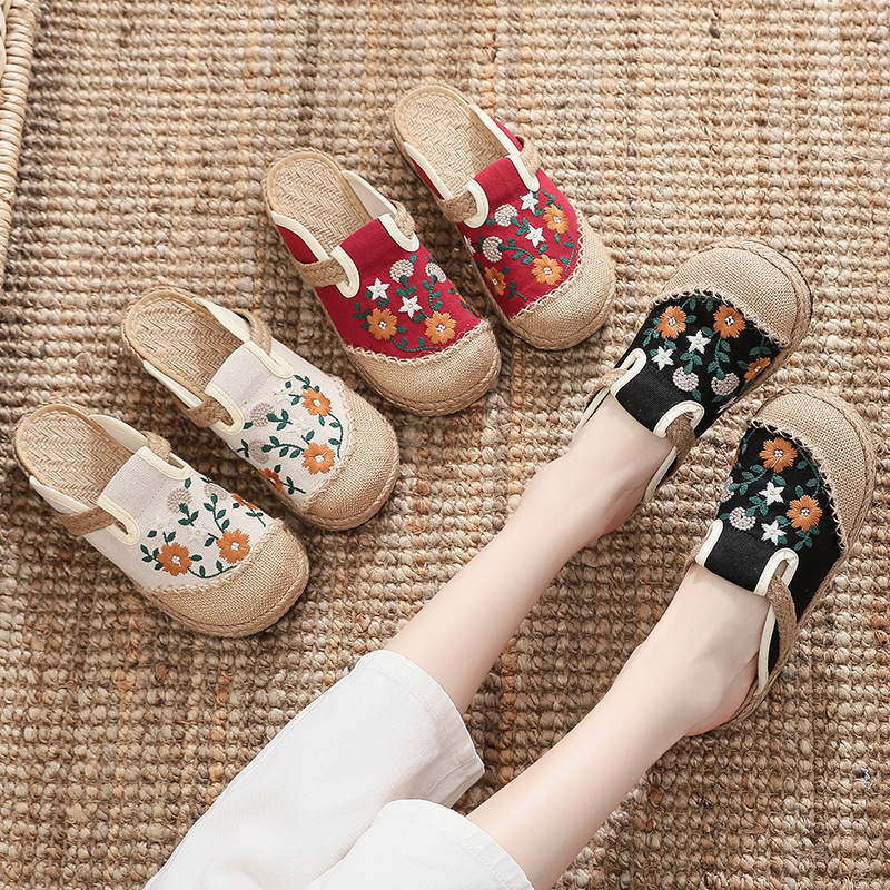Women'S Shoes Vegan - Nuevas Sandalias Planas de Lino Bordado
